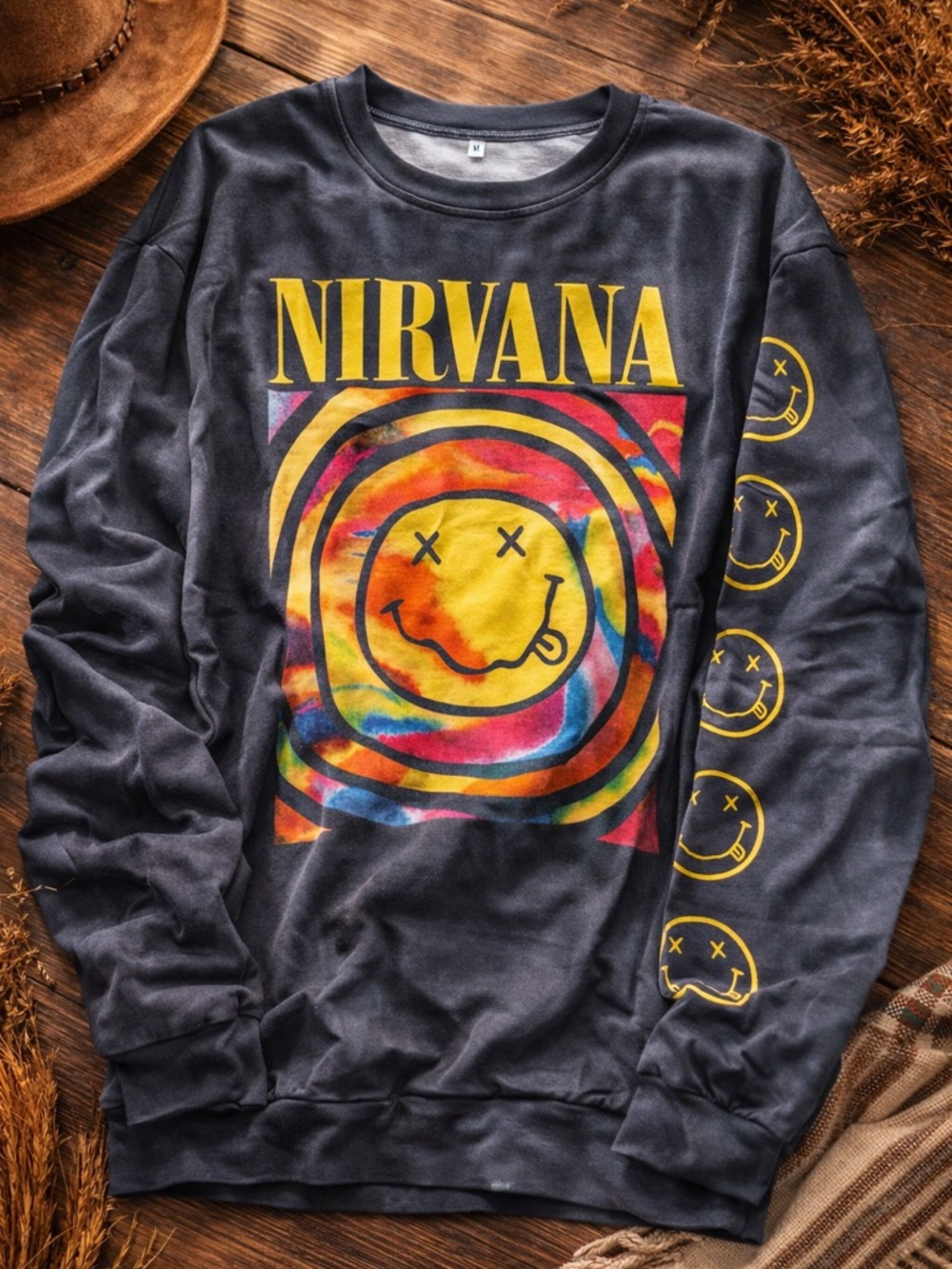 NIRVANA Black Crewneck with Multicolor Tie-Dye Smiley Graphic